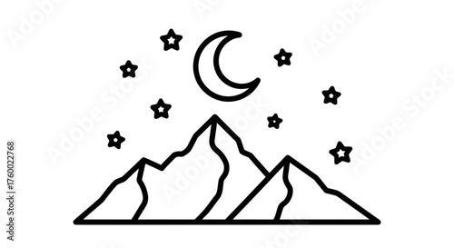 Minimalist Night Sky Scene Depicting Majestic Mountains Beneath a Crescent Moon And Stars