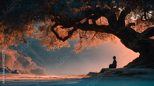 A peaceful moment of a person sitting quietly under a large tree with no devices,