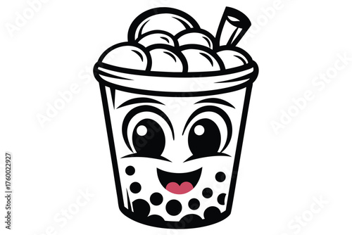 Cartoon boba tea cup smiles with large eyes and a straw on top