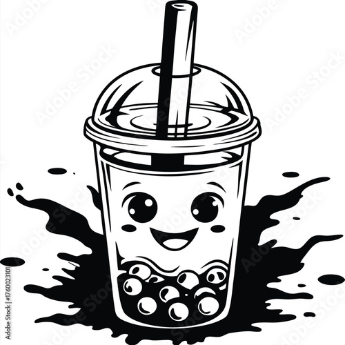 Adorable boba tea character smiles cheerfully in monochrome on a splatter background creating a happy scene