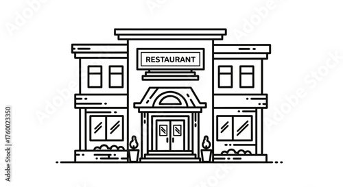 Minimalist Restaurant Facade Illustration With White Outline Over Black Background