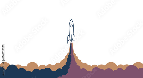 Minimalist Rocket Launching In The Darkness Above The Colorful Vapor and Cloud