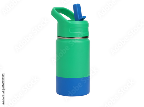 Green and blue water bottle with straw isolated on transparent background