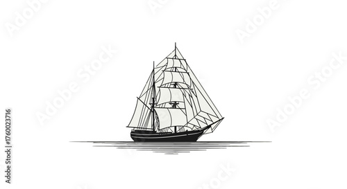 Minimalist Silhouette Of A Sailing Ship Isolated On The Dark Ocean Backdrop