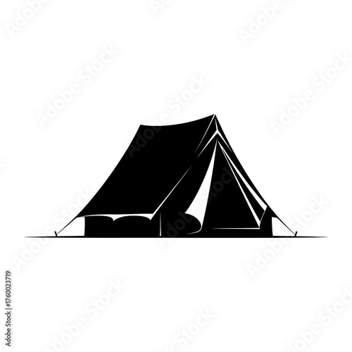 Minimalist black and white tent illustration on white background