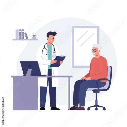 Friendly male doctor holding a clipboard and smiling reassuringly during a consultation with an elderly patient in a clean, modern clinic office, 2D flat vector illustration.