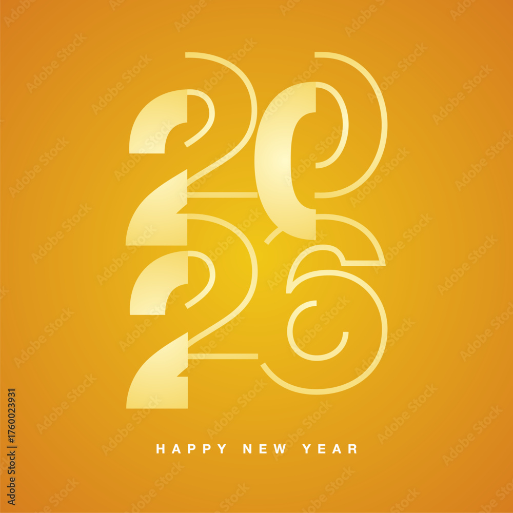 Fototapeta premium New Year 2026 modern stencil line and bold light white yellow shining typography square composition on yellow orange isolated background icon logo