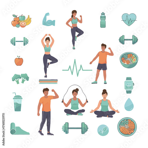 Health and Fitness Collage Cartoon Icons of Exercise, Nutrition, and Wellness on Illustration 