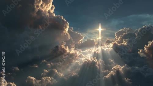 Sunlight forming glowing cross in dramatic cloudy sky concept of hope faith religion spirituality divine light and heavenly inspiration peaceful nature background
