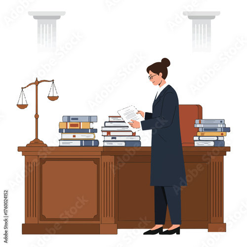 Professional paralegal organizing stacks of essential legal documents and large reference books on a mahogany desk in a classical law library, visualized in a clean 2D flat vector style.