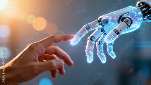 Human Hand Touching a Glowing Robotic Hand, Symbolizing the Future of AI and Humanity.