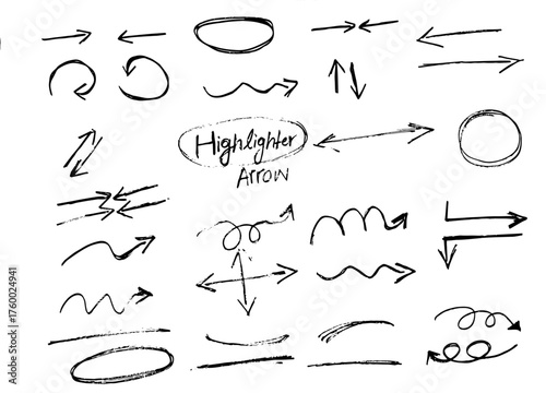 set of hand drawn arrows, black transparent arrow collections. Hand drawn arrows, curved, highlightrer, circles  wavy and straight lines. Direction pointers for notes, doodles,  