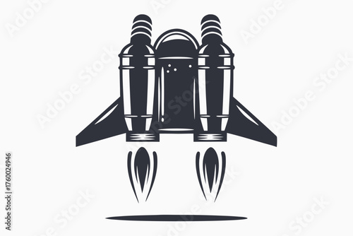 Dark grey jetpack with visible flames suggests power and propulsion on a plain background