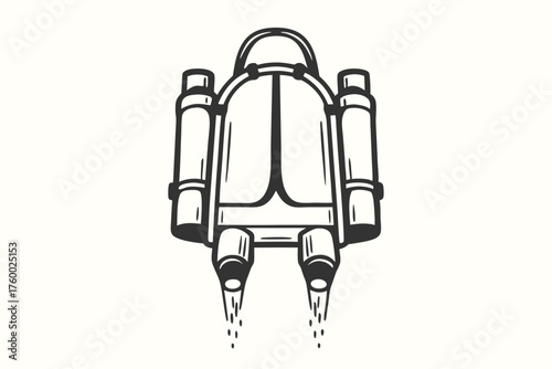 Detailed mono line black jetpack soars, fueled by dual engines with powerful thrust