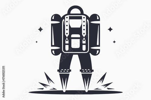Black icon showing futuristic jetpack launching with a burst effect on a plain background