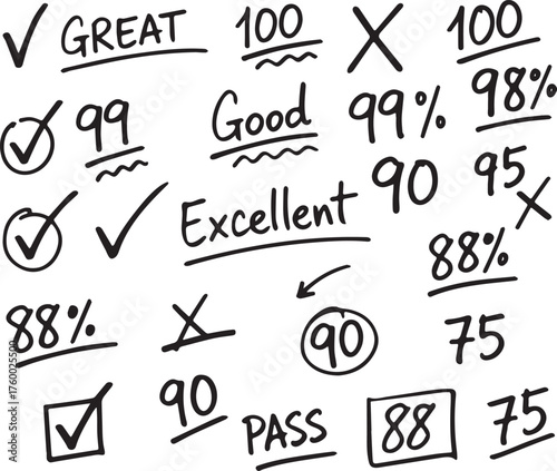 back to school, Hand drawn doodles of checkmarks crosses and percentages representing grades and scores in a school or academic setting