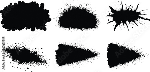 Black ink splatter texture set, abstract grunge shapes, isolated paint splash collection, creative artistic blot elements, messy liquid stain design