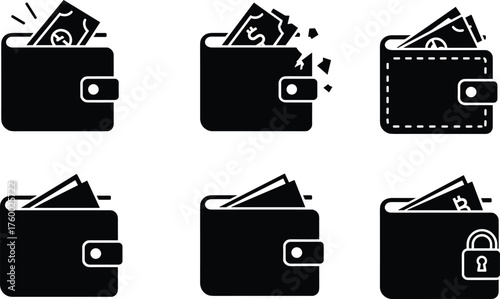 Black and white wallet icons with dollar, bitcoin, money security, finance loss, savings, cryptocurrency, payment, banking, economy, digital illustration