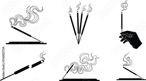Black and white incense stick illustration, burning smoke art, meditation ritual drawing, spiritual relaxation concept, hand drawn incense vector design