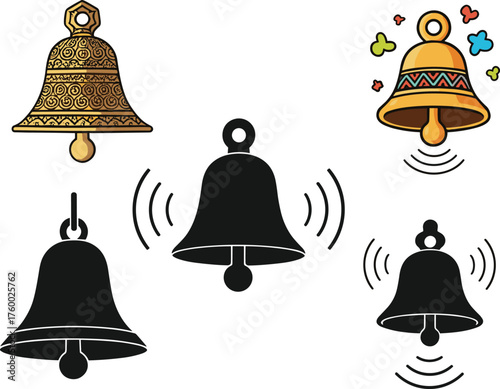 Ornate golden bell illustration, colorful ringing bell icon, black silhouette bells with sound waves, decorative festive symbols, traditional notification design
