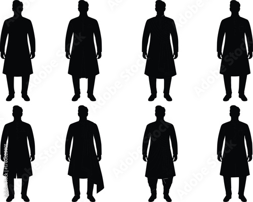 Traditional South Asian men’s sherwani silhouettes, cultural wedding attire, ethnic fashion design, groom outfit variations, ceremonial clothing styles, festive wear illustration
