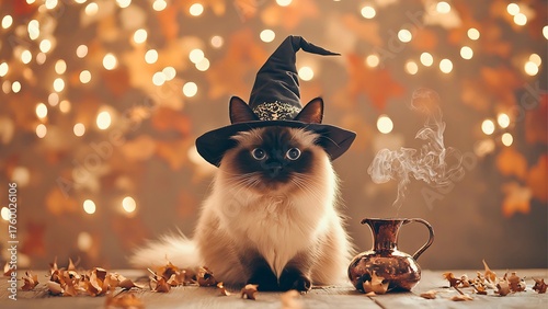 A charming cat in a witch's hat enjoying a warm cup of coffee in a cozy autumn setting. Leaves scattered around the cat, and a bokeh effect of lights in the background.