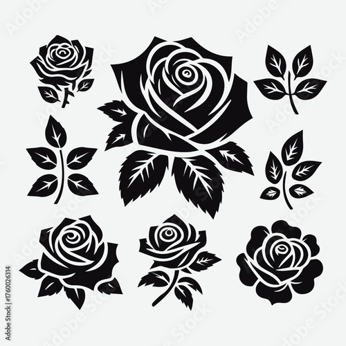 Set of Black Rose Flower and Stem Leaf Silhouettes for Design and Decoration