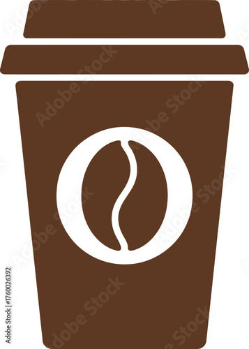 Icon of a brown coffee cup with white bean logo for morning brew and cafe