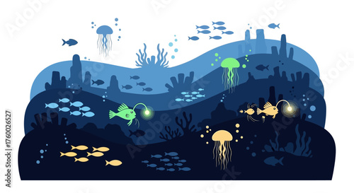 Underwater scene with diverse marine life and coral reefs.
