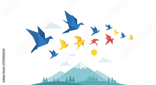 A colorful flock of geometric origami birds in flight.