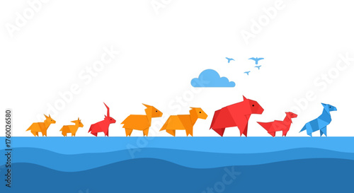 A colorful procession of various geometric low poly animals.