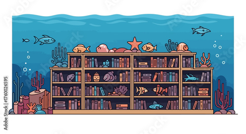 A large wooden library bookshelf decorated with pixel art sea life.