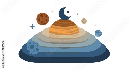 Celestial body illustration featuring planets and a crescent moon on a layered structure.