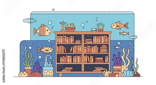 Bookshelf in an Aquarium - A Unique Blend of Knowledge and Marine Life.