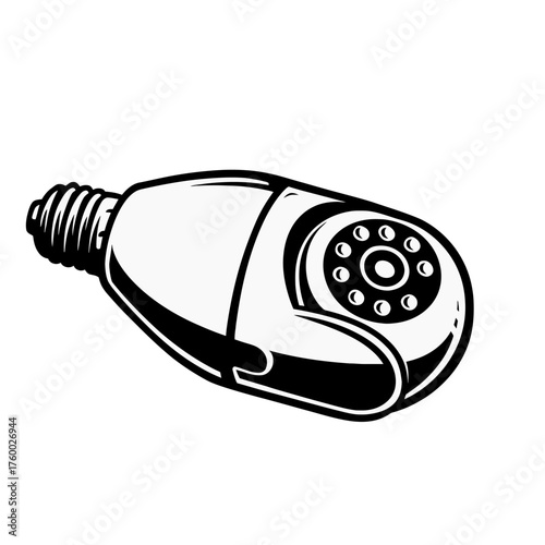Smart Security Camera Disguised as Light Bulb, Surveillance Technology Icon, Black and White Vector Illustration for Safety and Spy Concept 