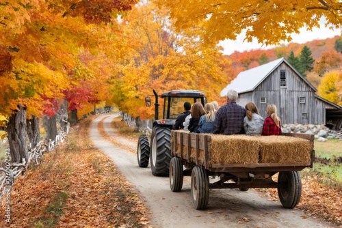 Family enjoying hayride on autumn farm road