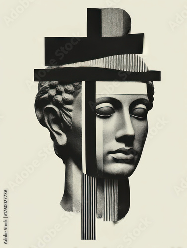 Graphical Roman Bust Sculture Head, Fragmented and isolatable, modern collage antique sculpture, 