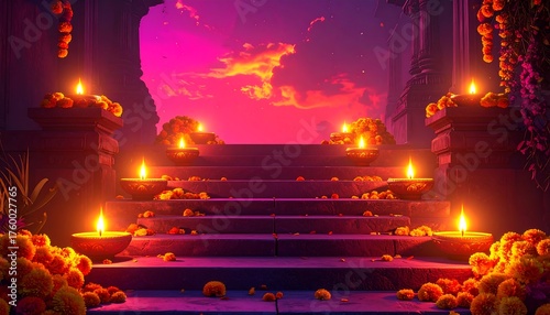 Day of the Dead Altar with Candles and Marigolds.