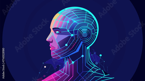 Innovative Interface Head Humanoid Vector. Futuristic Tech Digital Connection Concept Illustration. Artificial Intelligence Robotics Future Blueprint Design.