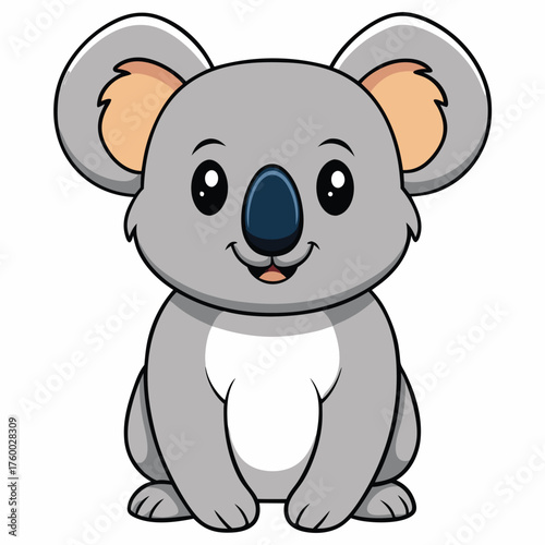 Adorable cartoon koala with big eyes smiles contentedly, sitting upright on white