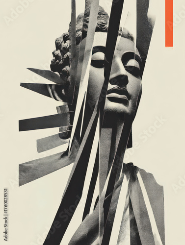 Graphical Buddha Head, Fragmented and isolatable, modern collage antique sculpture, 