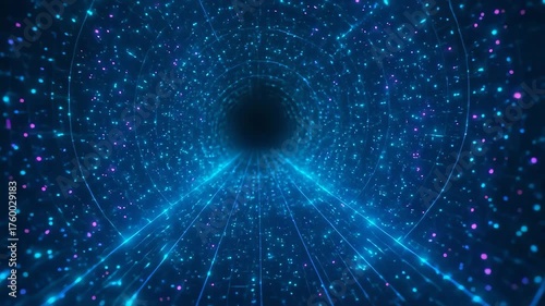A futuristic tunnel of light with vibrant particles and cosmic ambiance.