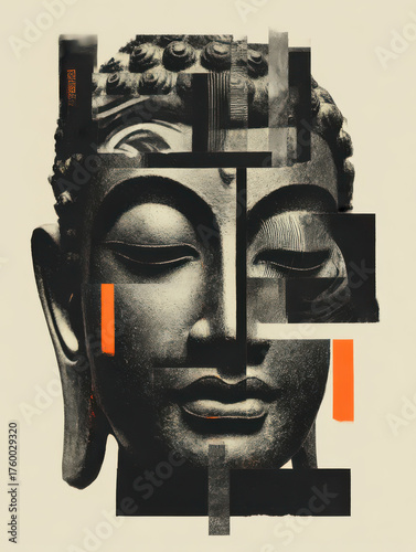 Graphical Buddha Head, Fragmented and isolatable, modern collage antique sculpture, 