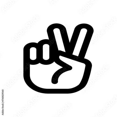 Illustration of a hand making a peace sign with two fingers raised in a black and white design style
