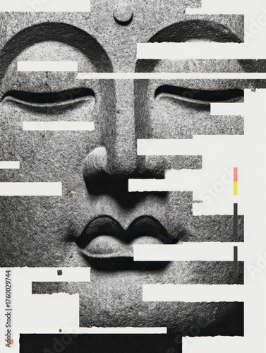 Graphical Buddha Head, Fragmented and isolatable, modern collage antique sculpture, 
