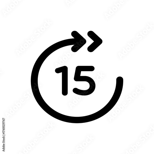 Circular arrow with fifteen inside indicating a time period or a cycle in black and white design