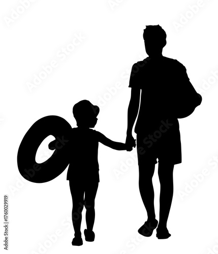 Father and son go to swimming sunbathing vector silhouette illustration isolated. Happy family beach enjoy. Kid and man, child hand holding dad shape. Summer fun recreation boy swim ring slag protect.