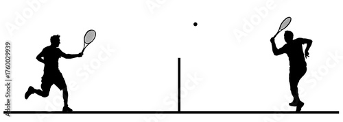 Man tennis player vector silhouette illustration isolated. Sport shadow. Recreation pose. Boys play tennis shape. Active male hobby training after work. Anti stress worming up. Men tennis match.