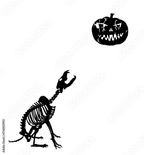 Skeleton wolf howls at the full moon vector silhouette illustration isolated on background. Angry predator animal with open jaws. Shape wolf shadow. Halloween night scary scene, hungry beast in hunt.