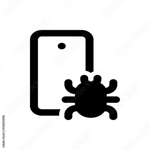 Black silhouette of a mobile phone with a visible camera and a bug icon placed on the bottom right side